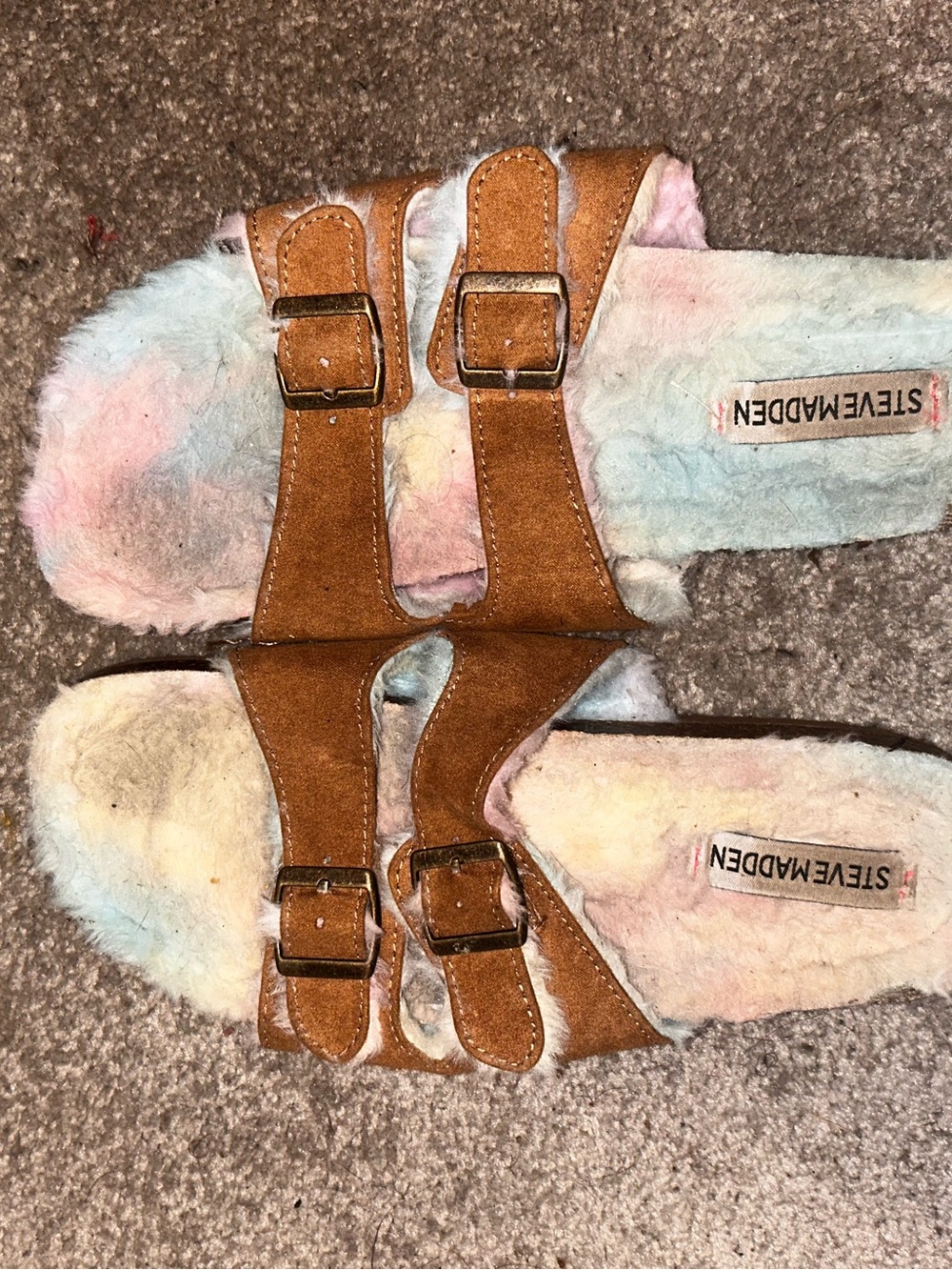 Steve Madden Brown Suede Double-Buckle Slides with Pastel Multicolor Fur